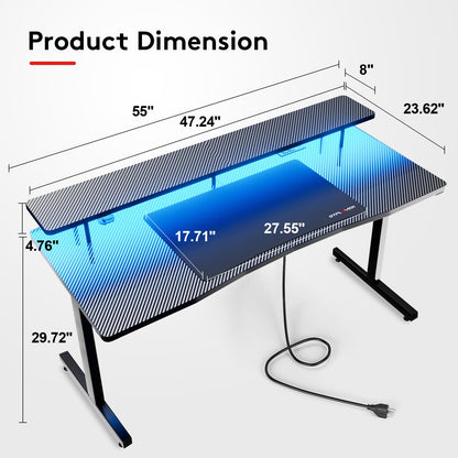 GTRACING 55 Inch Gaming Desk with LED Lights, Computer Gamer Desk with Monitor Stand, Ergonomic Carbon Fiber Surface Gaming Table with Mouse Pad for Home Office, RGB