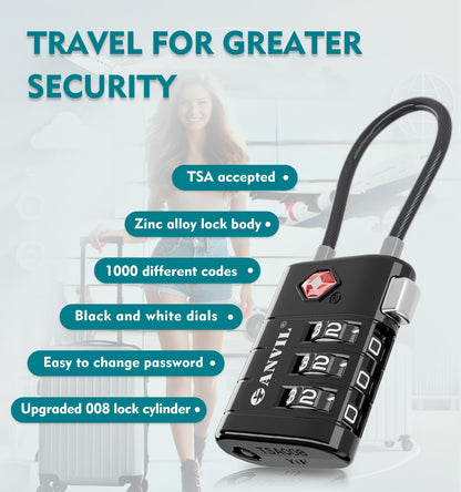 ANVIL TSA Approved Luggage Locks – High Security TSA008 Combination Travel Locks with Inspection Indicator for Suitcases and Backpacks. (2, Black)