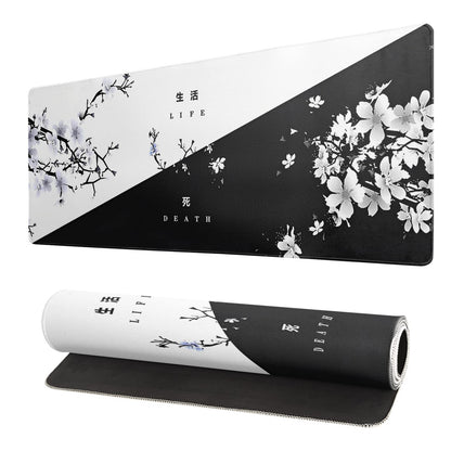 Black and White Japanese Cherry Blossom Gaming Mouse Pad Sakura Death Life Flower Mat 31.5x11.8 Inch Texture Non-Slip Rubber Base Mousepad Stitched Edges Keyboard Desk Pad for Office Home Game