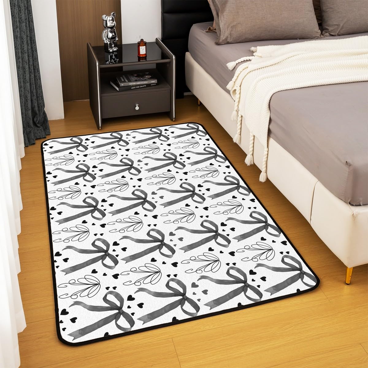 Manfei Cute Bow Kids Area Rug Black Bow Heart Print Floor Mats Rugs for Girl Women Room Decor, Cartoon Bowknot Decorative Rug for Living Room, Absorbent Carpets, 3'x5'