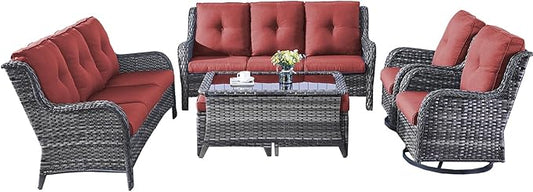 Rilyson Wicker Patio Furniture Set - 7 Piece Rattan Outdoor Sectional Conversation Sets with 2 Rocking Swivel Chairs,2 Ottomans,2 Sofa and 1 Coffee Table for Porch Deck Garden(Mixed Grey/Red)