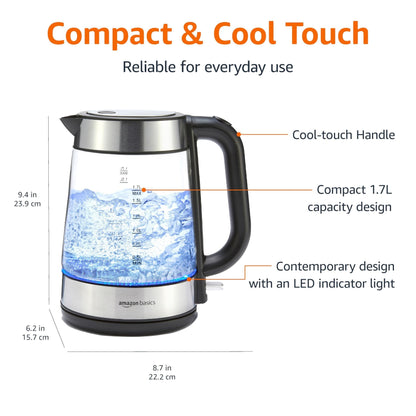 Amazon Basics Electric Kettle with Glass Carafe for Tea and Coffee, BPA-Free, Fast Boiling, Auto Shut-Off, 1.8 Quarts, 1500W, Black and Silver