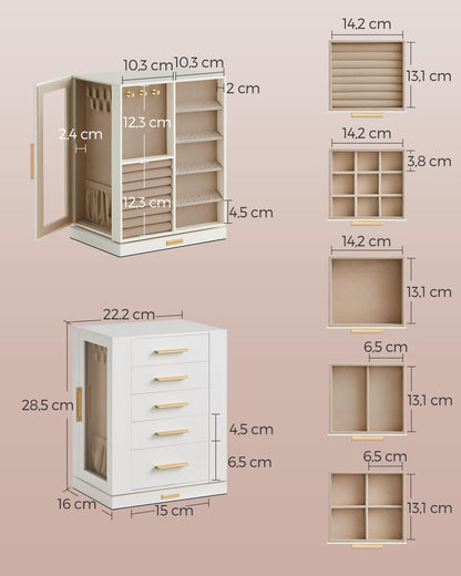 SONGMICS Jewellery Box 360° Rotating, Jewellery Organiser with 5 Drawers, Jewellery Display Case, Glass Window, Spacious, Vertical Jewellery Storage, Open Design, Great Gift, Cloud White JBC170W01