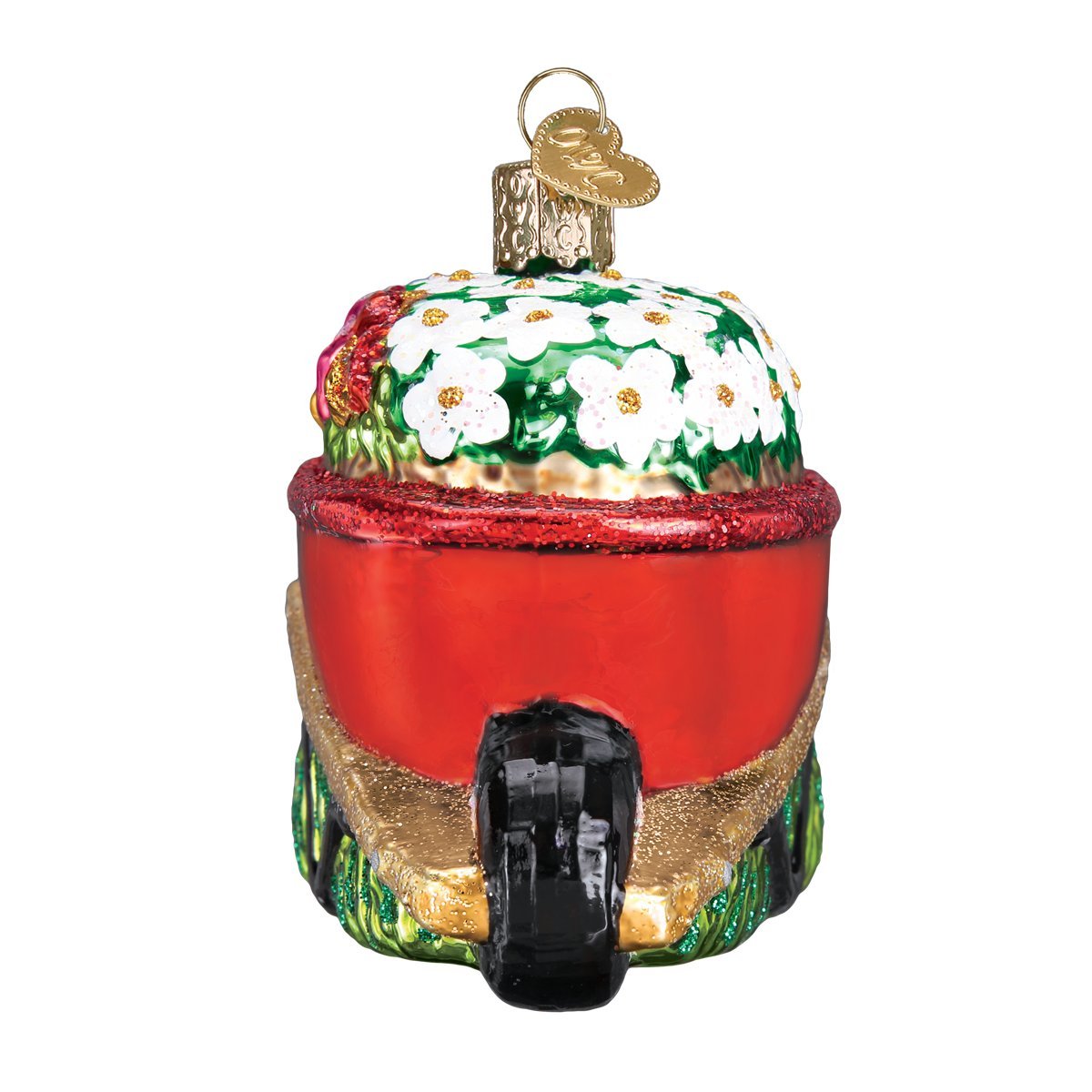 Old World Christmas Wheelbarrow with Flowers Glass Blown Ornament for Christmas Tree, Handcrafted Holiday Decoration, Garden Collection