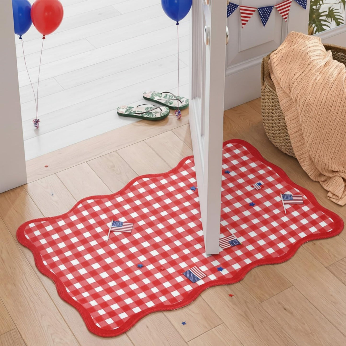 Breling Red and White Scalloped Plaid Entryway Rug 16.5 x 27.5 Buffalo Checkered Indoor Mat Washable Non-Slip Gingham Door Rug for Entryway Entrance Bedroom Kitchen Living Room Decor