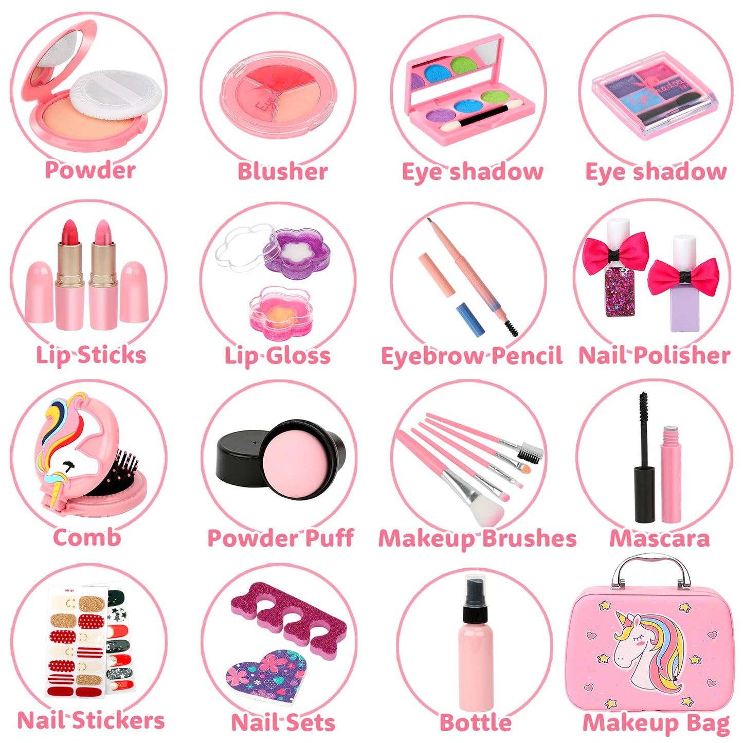 Flybay Kids Makeup Sets for Girls, Children’s Washable Makeup Kit Girl Toys, Pretend Play Girls Make Up Set with Realistic Tools Christmas Birthday Gifts for Girl Ages 4-9