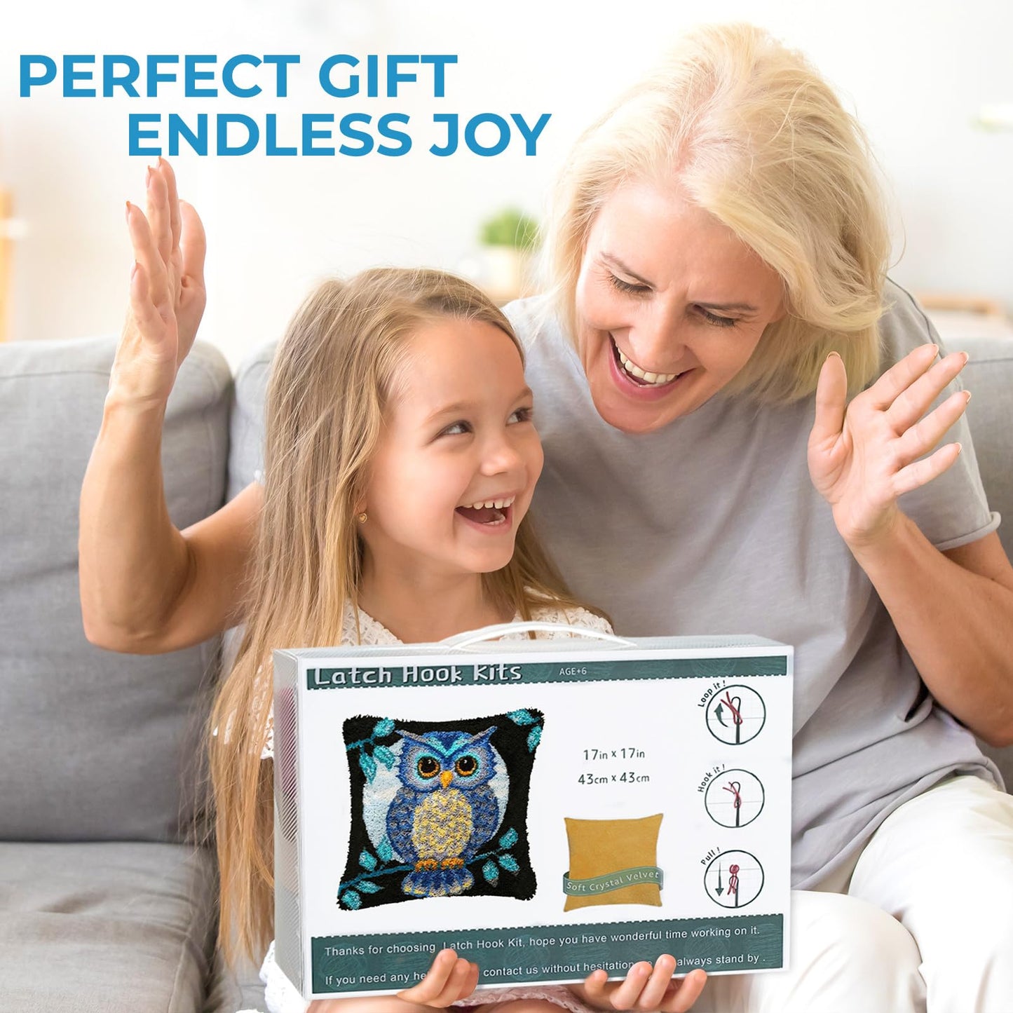 EsLuker.ly Full Moon Owl Latch Hook Pillow Kit for Adults Beginners, DIY Throw Pillow Cushion Cover Making Set with Pre-Printed Canvas & Crochet Yarn, Creative Latch Hook Craft Kits for Home Decor