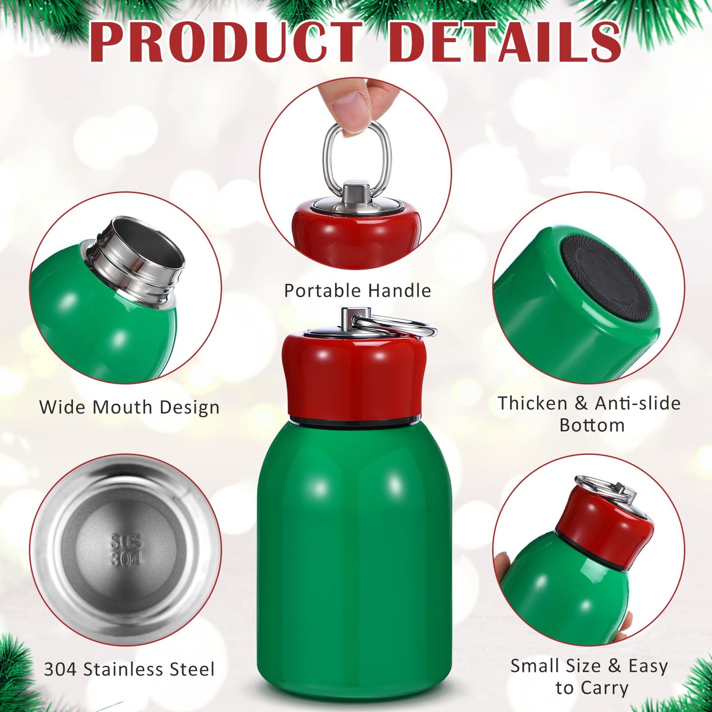 Mifoci 1 Pcs 10oz Mini Water Bottles Christmas Green Stainless Steel Slim Insulated Thermal for Hot Cold Drink Small Vacuum Portable Water Bottle for Christmas Women Gifts Travel Camping Hiking