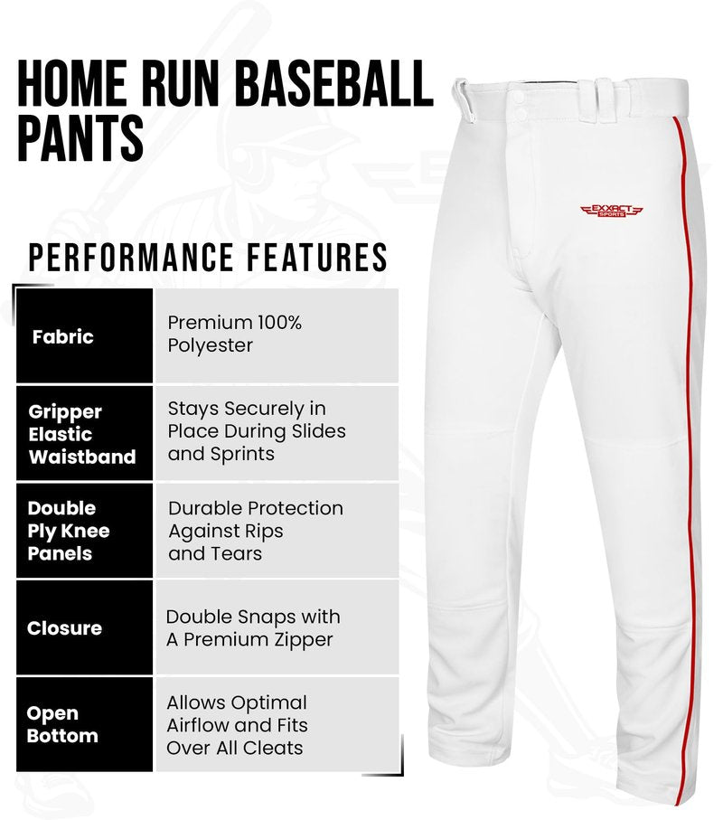 Exxact Sports Home Run Men's Baseball Pants with Piping - Full-Length, Semi-Relaxed Fit, Open-Bottom Adult Baseball Pants - (AM, White/Red Piping)
