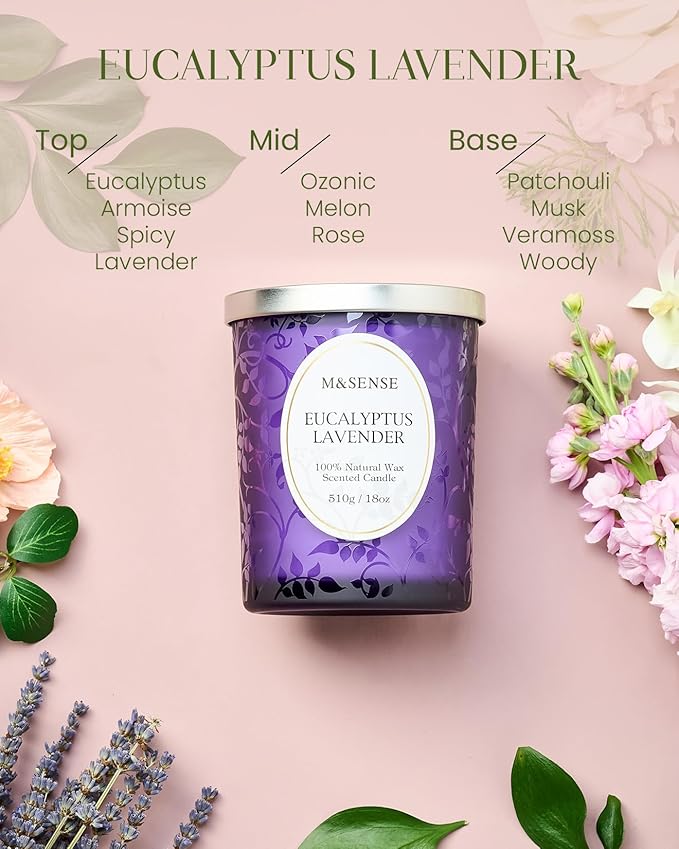 M&SENSE Eucalyptus Lavender Scented Candle, Cracking Wooden Wick Soy Wax, 18oz 100 Hours Long Lasting Clean Burn, Large Jar Candles for Home Decor, Non-Toxic Relaxing Aromatherapy Gifts for Women