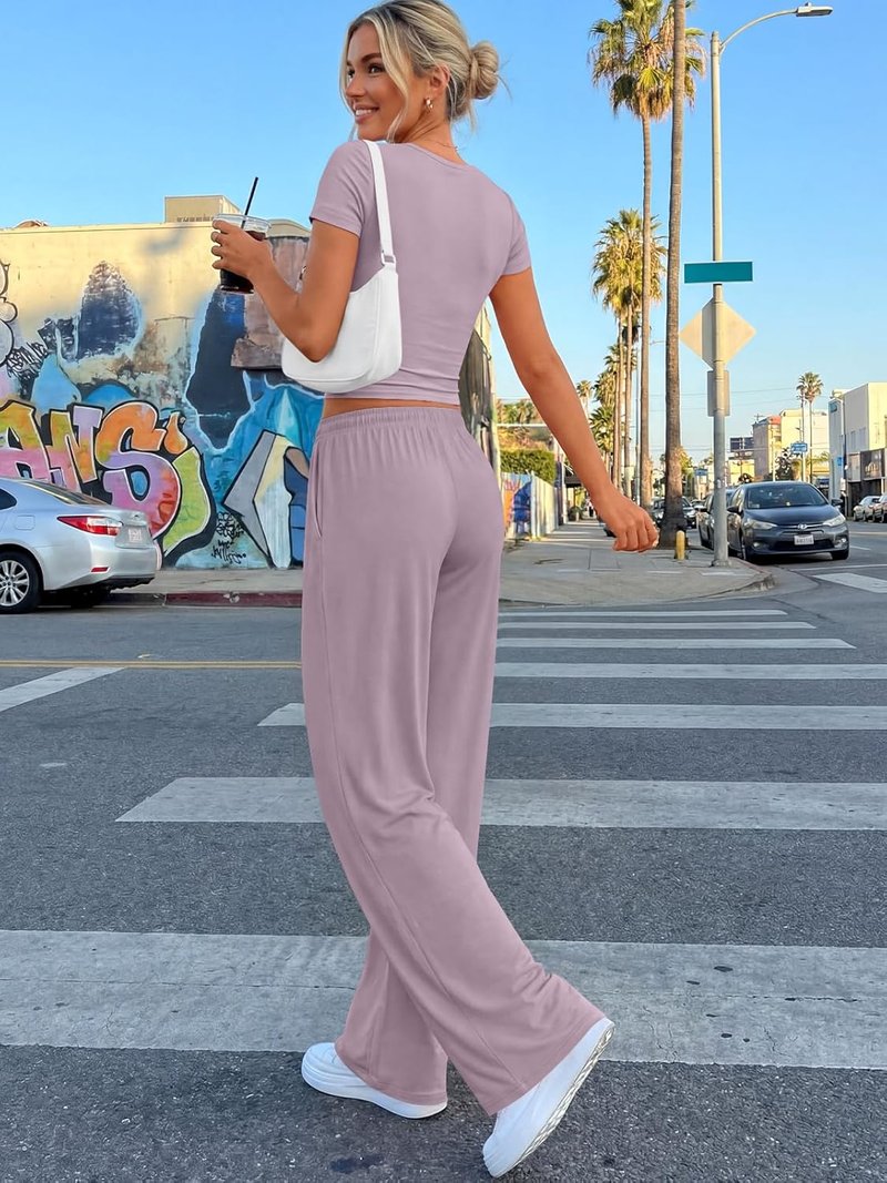 Trendy Queen Summer Lounge Set - Women's 2-Piece Matching Outfit with Side Ruching Top & Wide Leg Pants | Pockets Included
