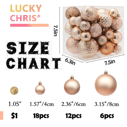 Christmas Ball Ornaments Champagne Christmas Tree Decorations with Hang Rope-36pcs Shatterproof Christmas Ornaments Set with 6 Styles in 3 Sizes(Small Medium Large)