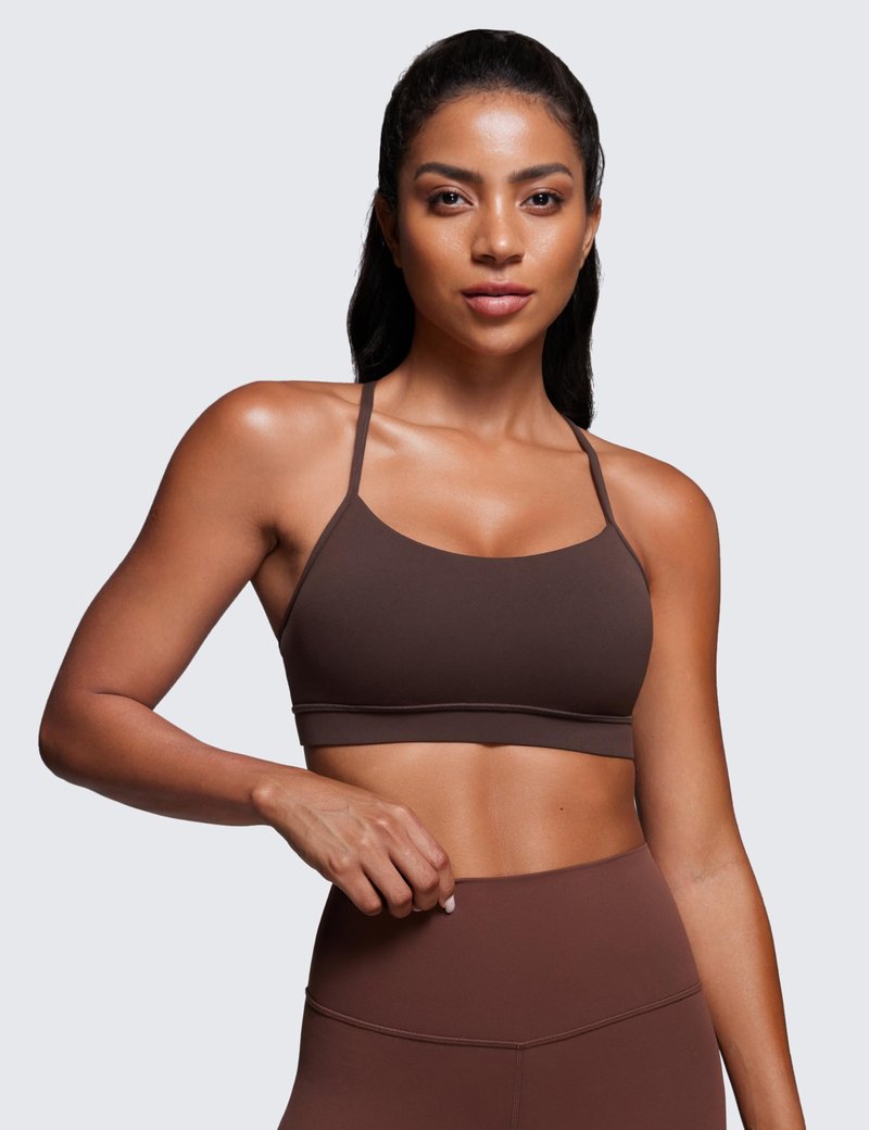 CRZ YOGA Butterluxe Y Back Sports Bras for Women - Padded Racerback Low Impact Spaghetti Thin Strap Workout Yoga Top Hot Fudge Brown Small