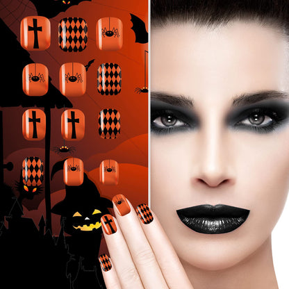 384 Pcs 16 Pack Halloween Press on Nails Halloween Short Fake Square False Nails Plastic Artificial Nail Tips Full Cover Coffin with Ghost Pumpkin Spider Pattern for Women(Fresh Pattern)