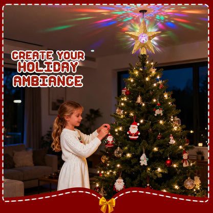 Gold Rotating Christmas Tree Topper Star with RGB LED Lights, 3D Crystal Diamond Center, Spinning Projection, Glitter Design Tree Decor with Power Cord for Holiday, Party, Christmas Celebration