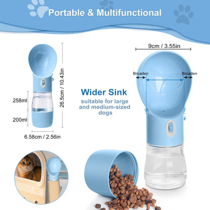 Dog Water Bottle with Food Container, Portable Dogs Water Dispenser, Outdoor Drink Bottles for Puppy, Cat, Pet, Essential Items for Travel, Walking, Hiking, Dog Accessories (Blue, with Food Container)