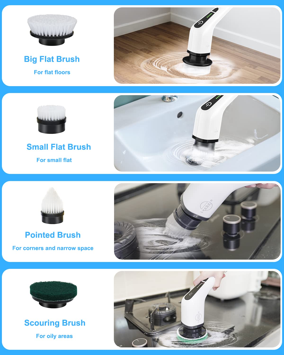 Leebein Electric Spin Scrubber, Cordless Cleaning Brush with 8 Replaceable Brush Heads, Extendable Long Handle Bathroom Cleaning Scrubber, 300/400RPM Spin Scrubber for Bathroom Kitchen Floor Tile