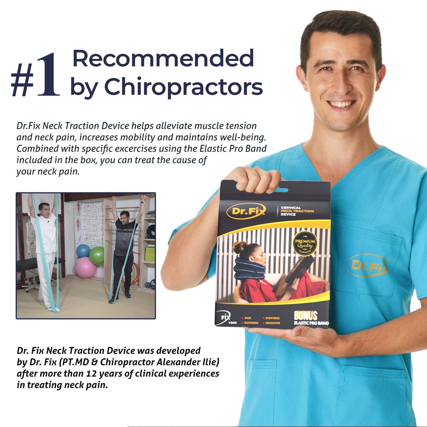 Dr Fix Cervical Neck Traction Device for Instant Neck Pain Relief at Home | Elastic Band (Dark Blue, 12-17)