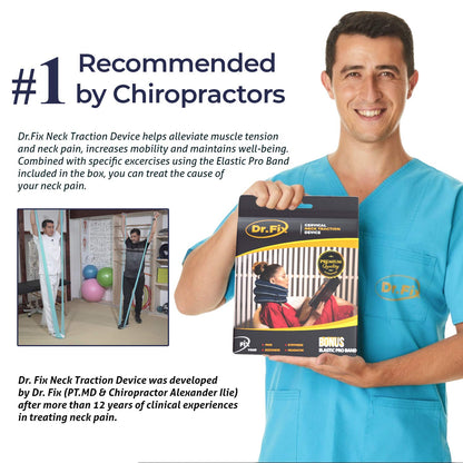 Dr Fix Cervical Neck Traction Device for Instant Neck Pain Relief at Home | Elastic Band (Dark Blue, 12-17)