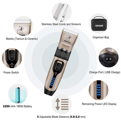 Gooad Dog Clippers Grooming Kit and Paw Trimmer,Cordless,Low Noise, Electric Quiet,Rechargeable, Dog Trimmer Grooming Tool, Pet Hair Clippers for Thick Coats,Shaver for Small and Large Dogs&Cats