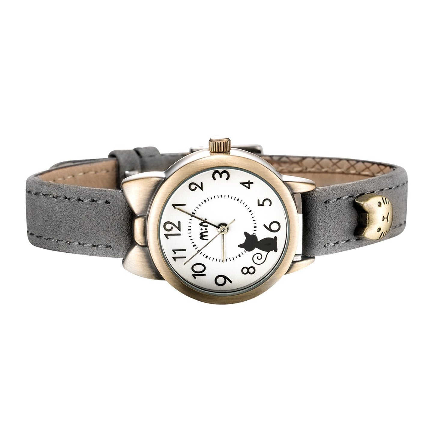 DREAMING Q&P Fq-234 Brown Leather Strap Bowknot Kitty Design Students Girls Woman Quartz Wrist Watches
