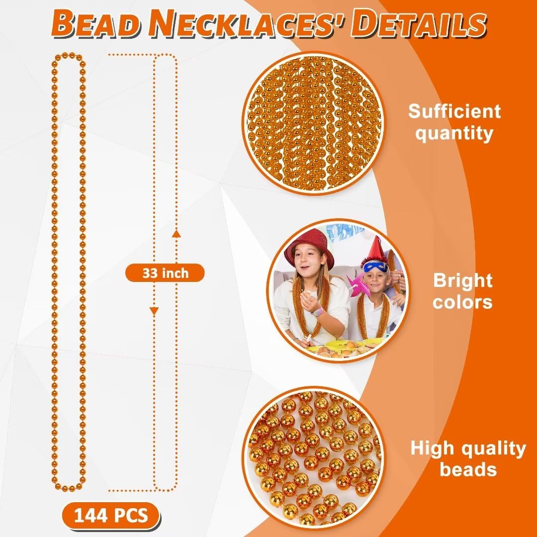 144PCS Bead Necklace, Orange Halloween Bead Necklaces Party Favors, 33" Mardi Gras Beads Necklaces Costume Bulk, Festival Parade Throw Accessories for Mardi Gras Halloween Wedding Celebrations Decor