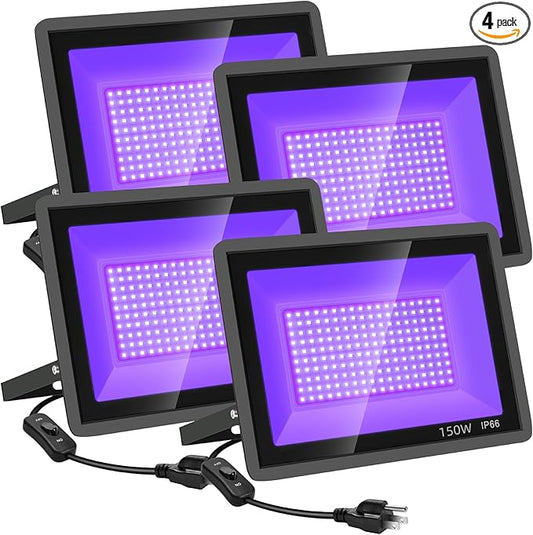 4 Pack 150W LED Black Lights, Blacklight Flood Light Outdoor with Plug and Switch, IP66 Waterproof for Dance Party, Glow in The Dark, Halloween Lights, Body Paint, Fluorescent Poster
