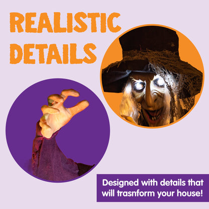 JOYIN 72” Halloween Hanging Witch Decorations Outdoor, Flying Talking Ghost Decor Light Up Eyes Sound Activated, Outside Indoor Haunted House Prop for Lawn Yard Garden, Purple