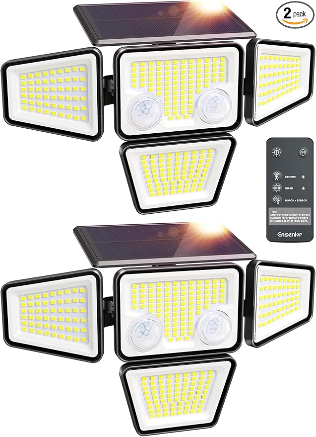 Ensenior Solar Lights Outdoor, IP65 Waterproof Motion Sensor Outdoor Light with Remote Control, 279 LED 4 Heads Solar Security Light with 4 Mode, 270° Wide Angle Solar Flood Light for Outside, 2 Packs