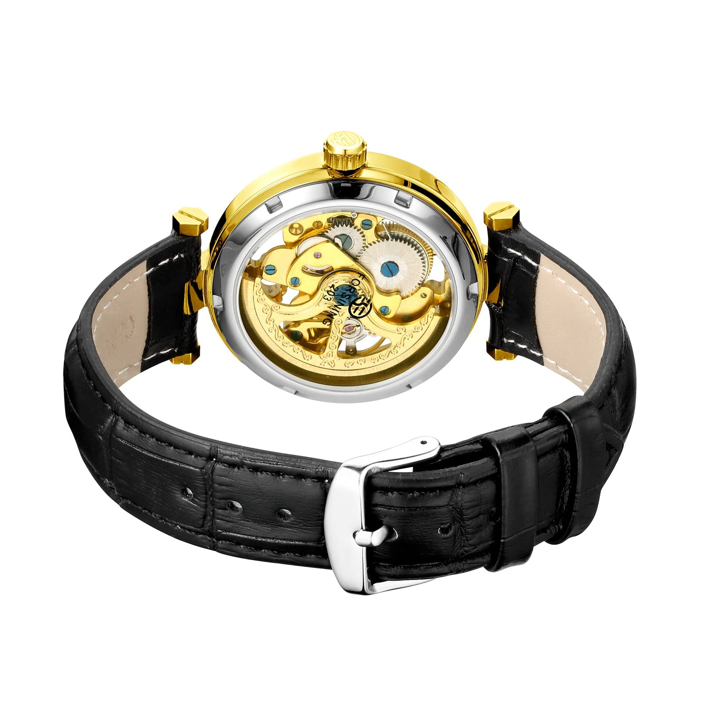 CARLIEN Skeleton Automatic Steampunk Watches Gold-Tone Luminous Hands Leather Strap Wrist-Watch (Gold)