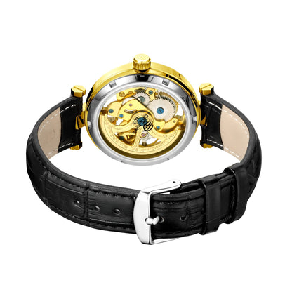 CARLIEN Skeleton Automatic Steampunk Watches Gold-Tone Luminous Hands Leather Strap Wrist-Watch (Gold)