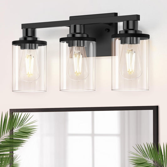DORESshop 17 Inch Bathroom Light Fixtures, 3-Light Black Bathroom Lighting Fixtures Over Mirror with Clear Glass Shade, Vanity Lights for Bathroom Living Room Bedroom, ETL Listed