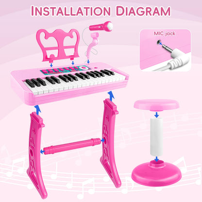 Amy&Benton Birthday Gift for 3 4 5 6 7 Year Old Girls Piano Toy with Stood for Girls 3-5 Pink Music Keyboard Toy 37 Keys with Chair