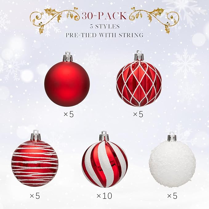 JORNOY Christmas Balls Ornaments, 30ct Shatterproof Xmas Tree Decorations, Hanging Bulbs Baubles Set with String for Holiday Home Party Decor, 2.36 inch/60mm, Red&White