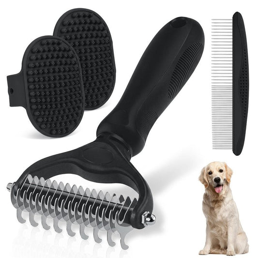 Double-Sided Pet Grooming Rake - 4-in-1 Professional Pet Grooming Kit Deshedding Dematting Tool for Dogs Cats Extra-Wide Grooming Brush & Deshedder Comb for Long & Short Haired Pets (Black Kit 4PCS)