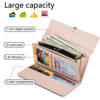 Roulens Ladies Purse, RFID Blocking PU Leather Wallet for Women Leaf Pendant Zipper Coin Purse with Multiple Card Slots and Roomy Compartment