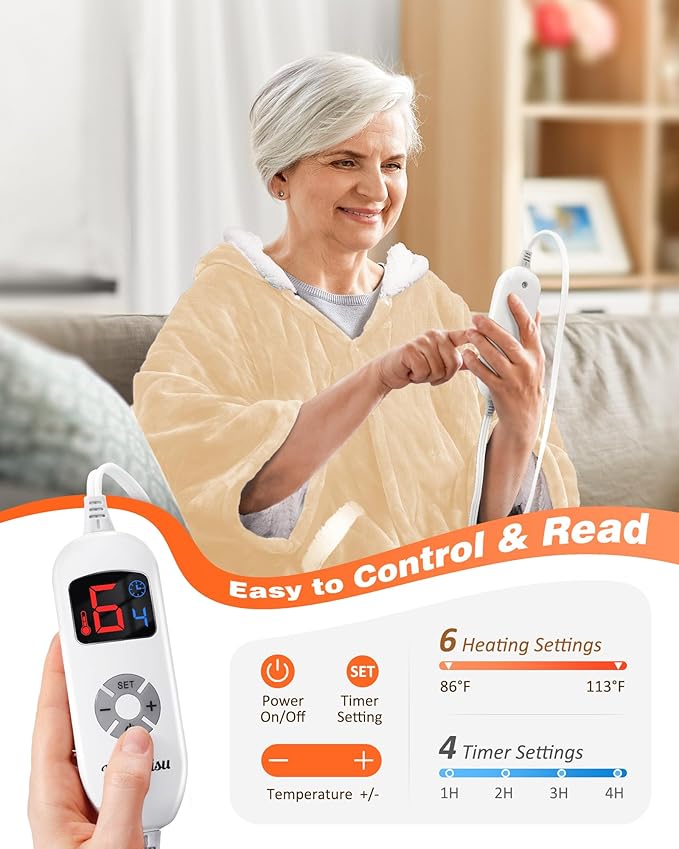 Wearable Heated Blanket - Cozy Gift for Women, Mom, Men| Reversible Flannel & Sherpa Electric Wrap with Pockets & Hood, 6 Heat Levels, 1-4H Timer, ETL Safe, Machine Wash, 50"x70" Beige