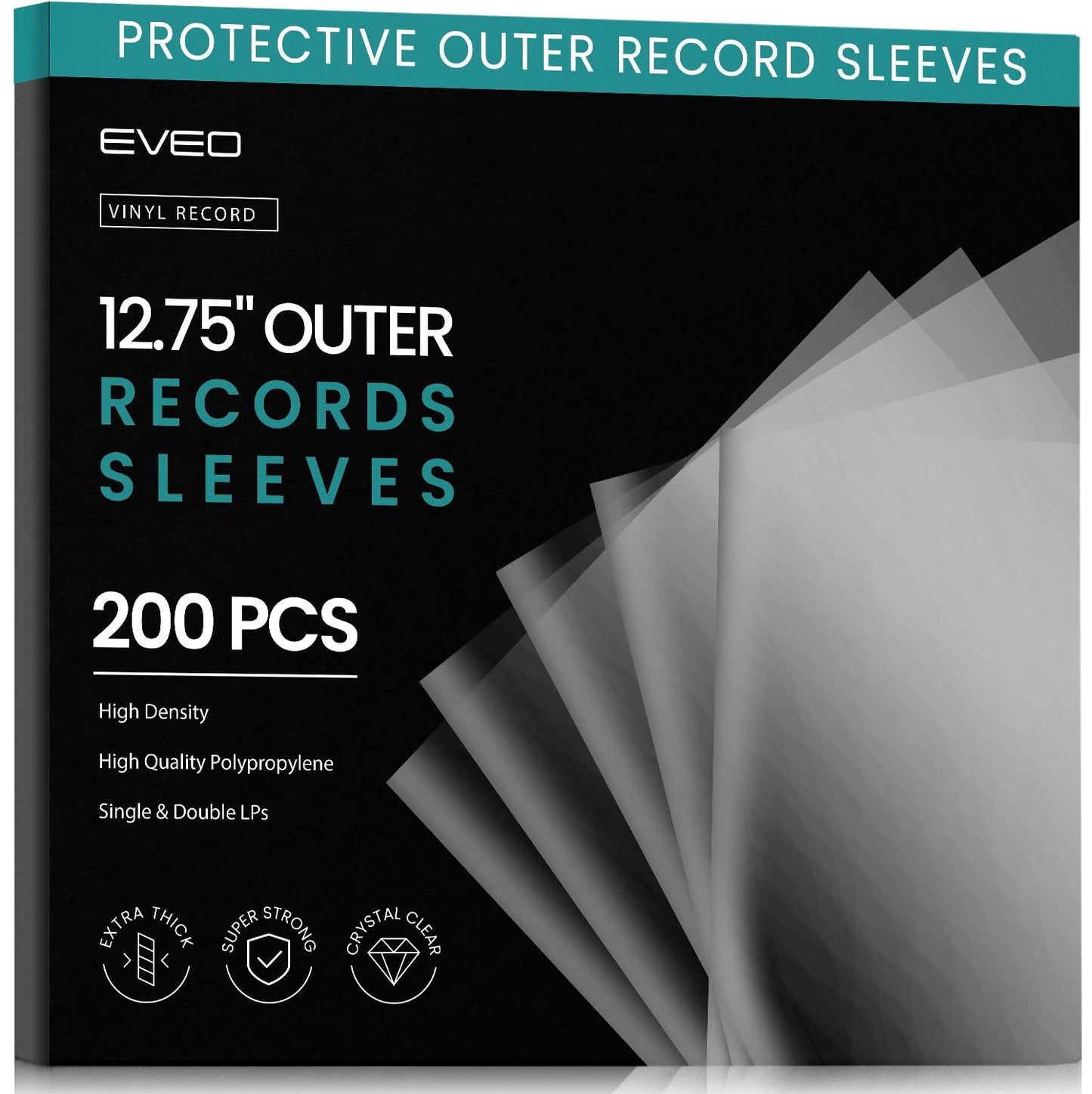 EVEO 200 Vinyl Record Sleeves Outer – Crystal Clear Outer Vinyl Sleeves LP Album Covers 12.75"x12.75" | Perfect Fit Protective 3 Mil Protection for Single & Double LPs - Archival Quality
