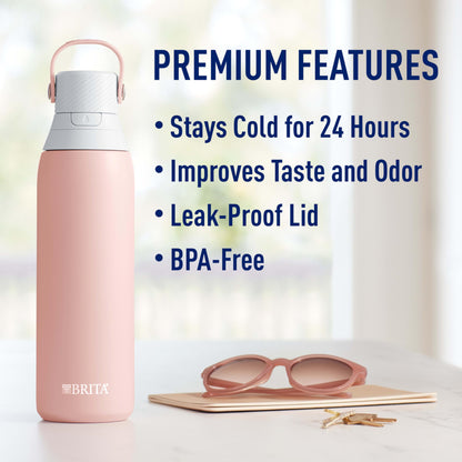 Brita Stainless Steel Premium Filtering Water Bottle, BPA-Free, Reusable, Insulated, Replaces 300 Plastic Water Bottles, Filter Lasts 2 Months or 40 Gallons, Includes 1 Filter, Rose - 20 oz