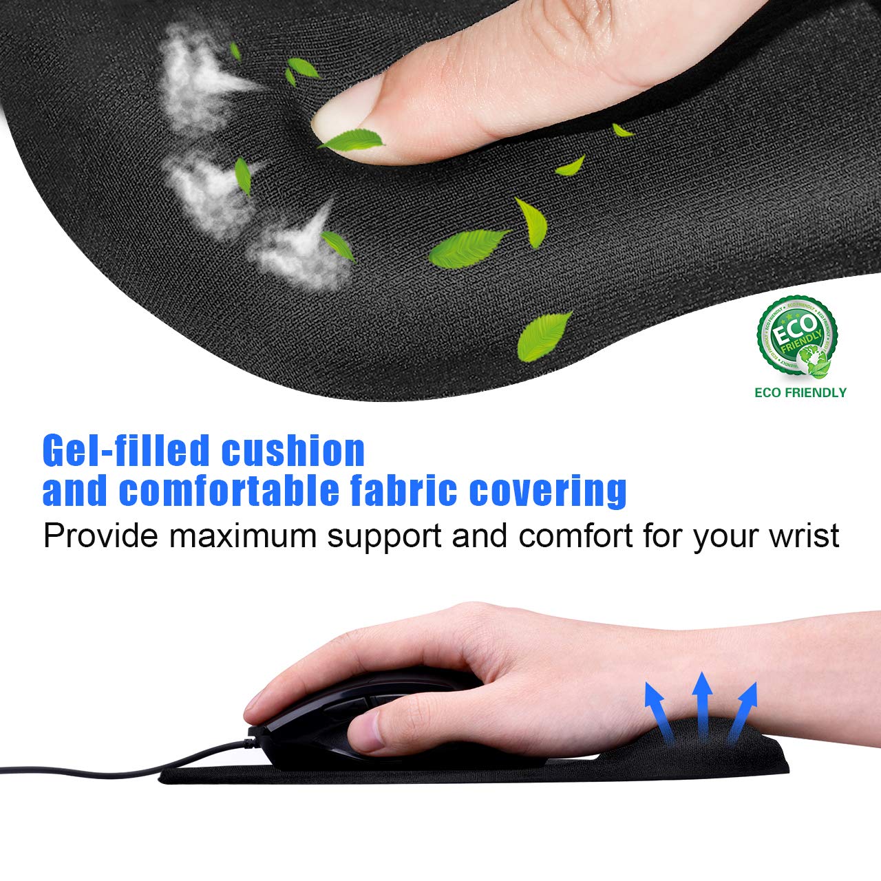 JIKIOU Ergonomic Mouse Pad with Gel Wrist Support, Comfortable Mousepad with Smooth Wrist Rest Surface and Non-Slip PU Base for Pain Relief Computer Laptop Office Home Black, 9.2 x 8.1 in