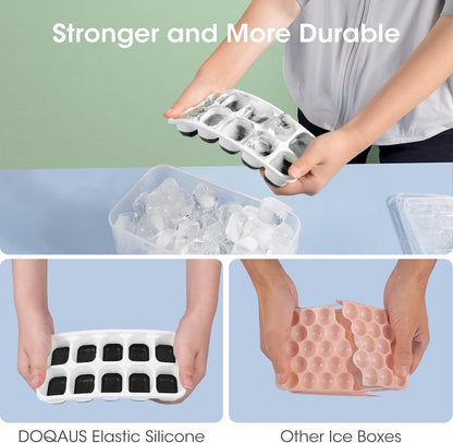 DOQAUS Ice Cube Tray with Lid and Bin, 4 Pack Silicone Plastic Ice Cubes Trays for Freezer with Box/Container, Stackable with Storage Iced Bucket Kits, Scoop, for Baby Food, Cocktail, Coffee