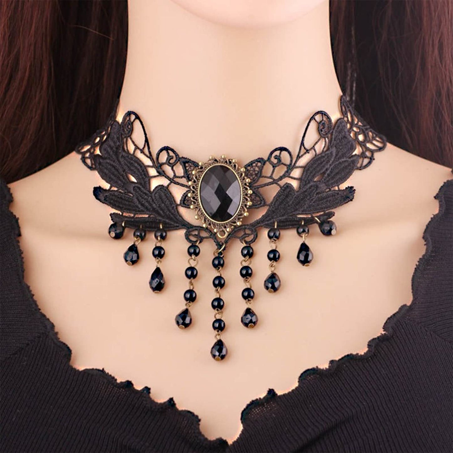 Faccubee 5 Pieces/Set Halloween Sexy Jewelry Women Lady Elegant Goth Gothic Steampunk Lace Choker Necklace Black Neck Chain Collar Statement with pendant Victorian Wedding Party Cosplay