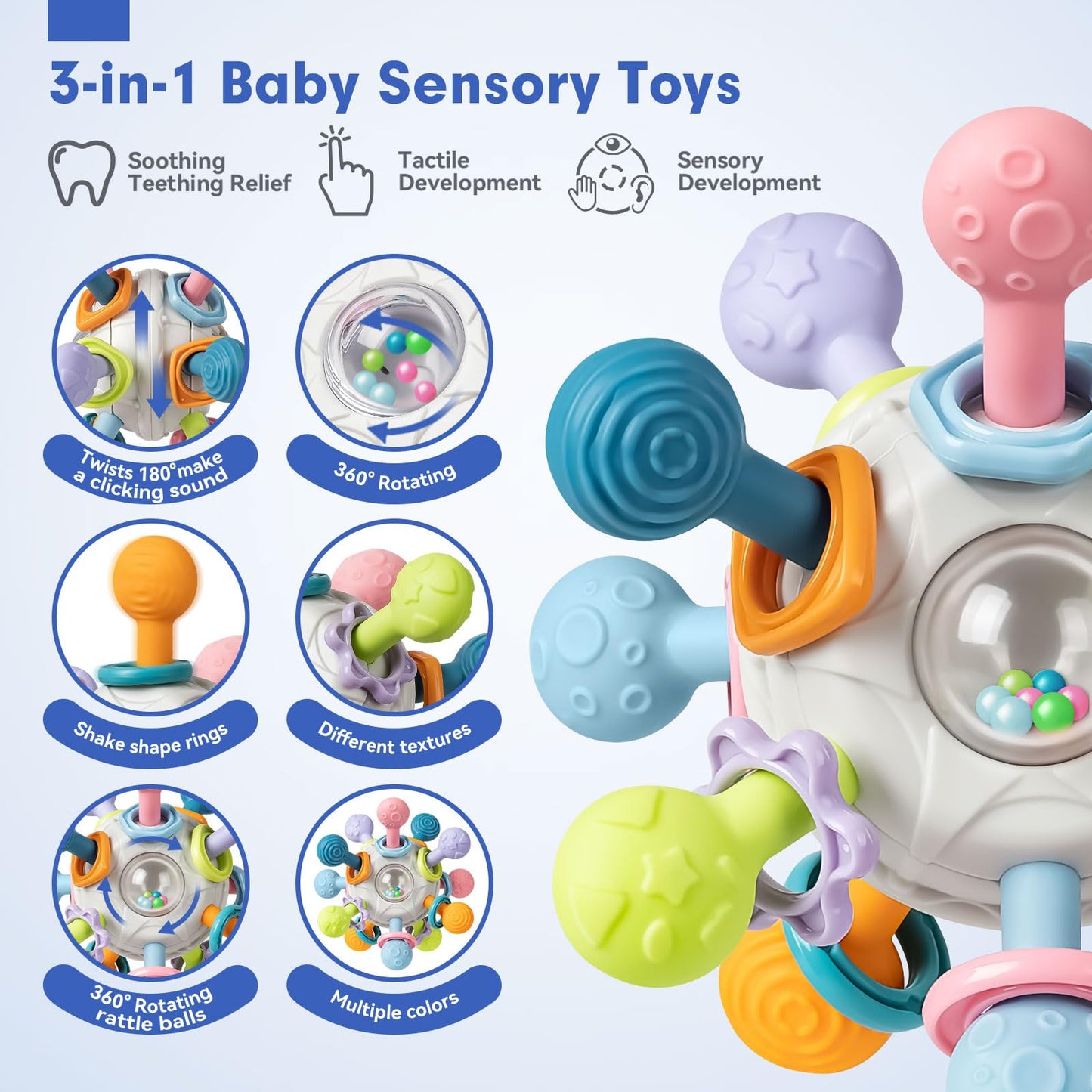 Baby Sensory Teething Toys Set, Montessori Baby Toys 6-12 Months, Incl Newborn Rattle Teether & Baby Blocks & Soft Stacking Rings, Ideal Babies Boy Girl Gifts, Infant Toys 0-3-6-9-12-18 Month