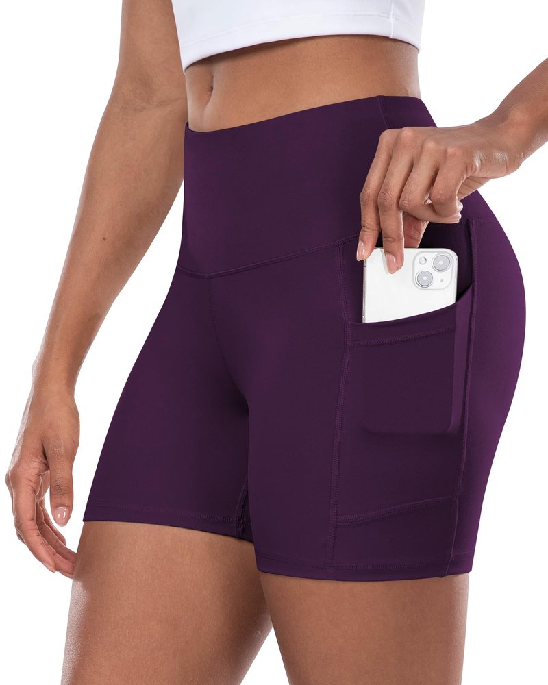 Womens Biker Yoga Shorts with Pocket, High Waisted Tummy Control 5 Inch Workout Spandex Athletic Gym Shorts(5” Purple,L)