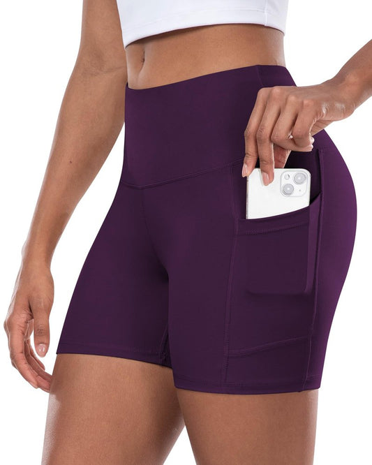 Womens Biker Yoga Shorts with Pocket, High Waisted Tummy Control 5 Inch Workout Spandex Athletic Gym Shorts(5” Purple,L)