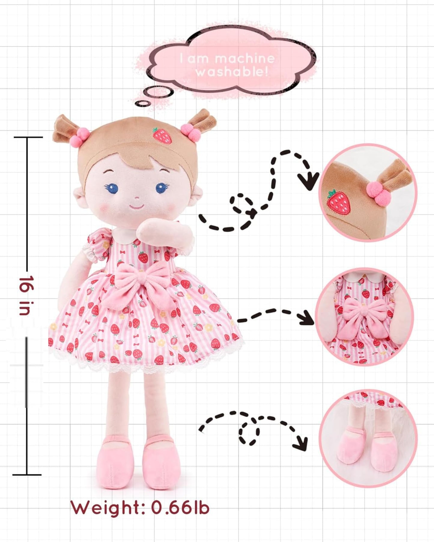 LeyaDoll Soft Baby Doll Toys (16''), My First Baby Rag Doll for 1 Year-Old Girl Birthday Gift, Christmas Plush Toys Gift for Toddler Kids Infants-Strawberry-Girl