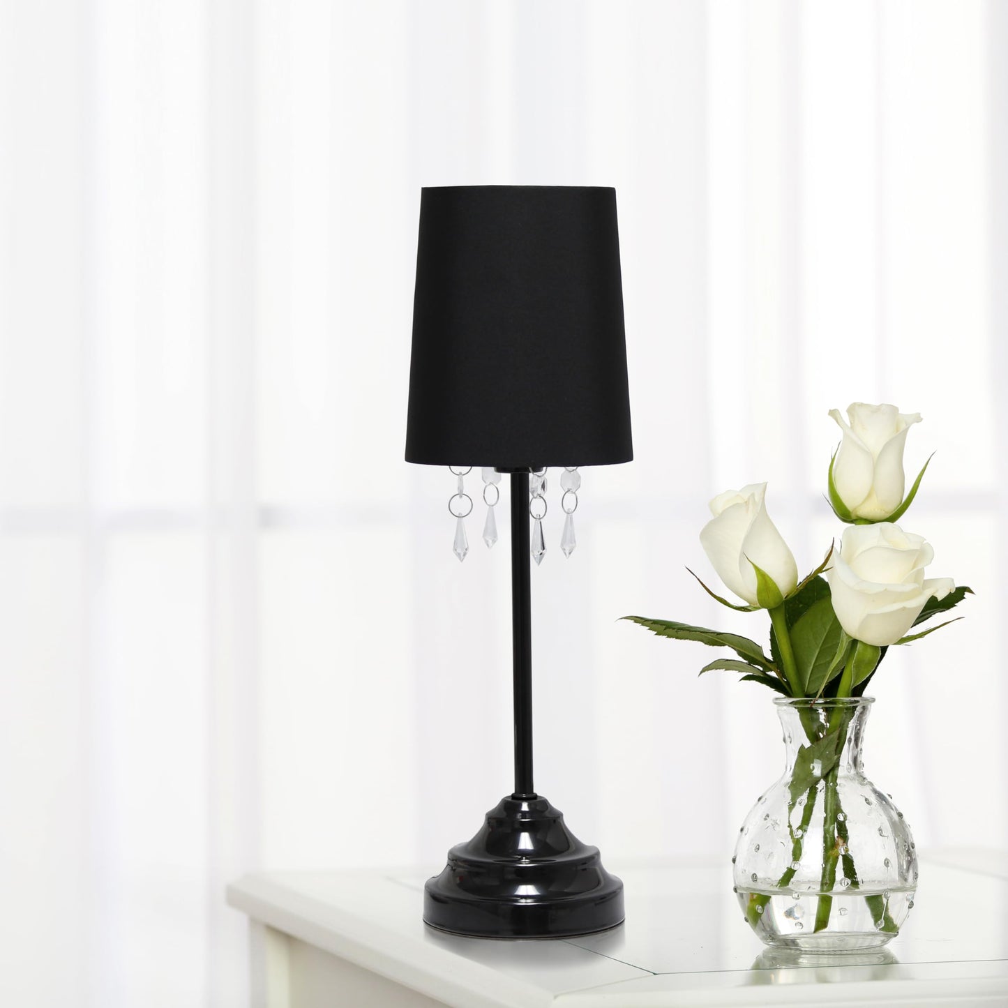 Simple Designs LT3018-BLK Table Lamp with Fabric Shade and Hanging Acrylic Beads, Black