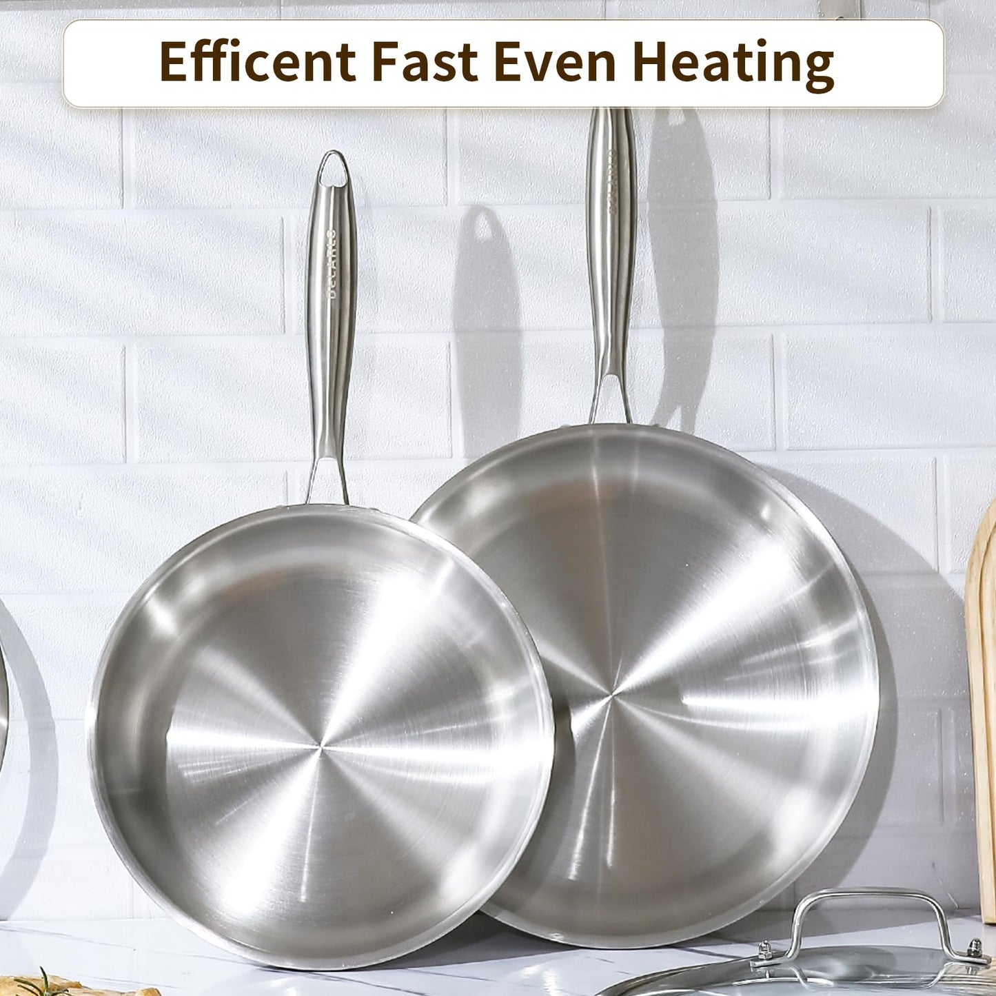 DELARLO Tri-Ply Stainless Steel Pan, 12 inch Frying Pan with Lid, Compatible with All Cooktops Up to 600℉, Fast & Even Heat, Skillet, Induction Cookware, Cooking Pan, Stir Fry Pan, Dishwasher Safe