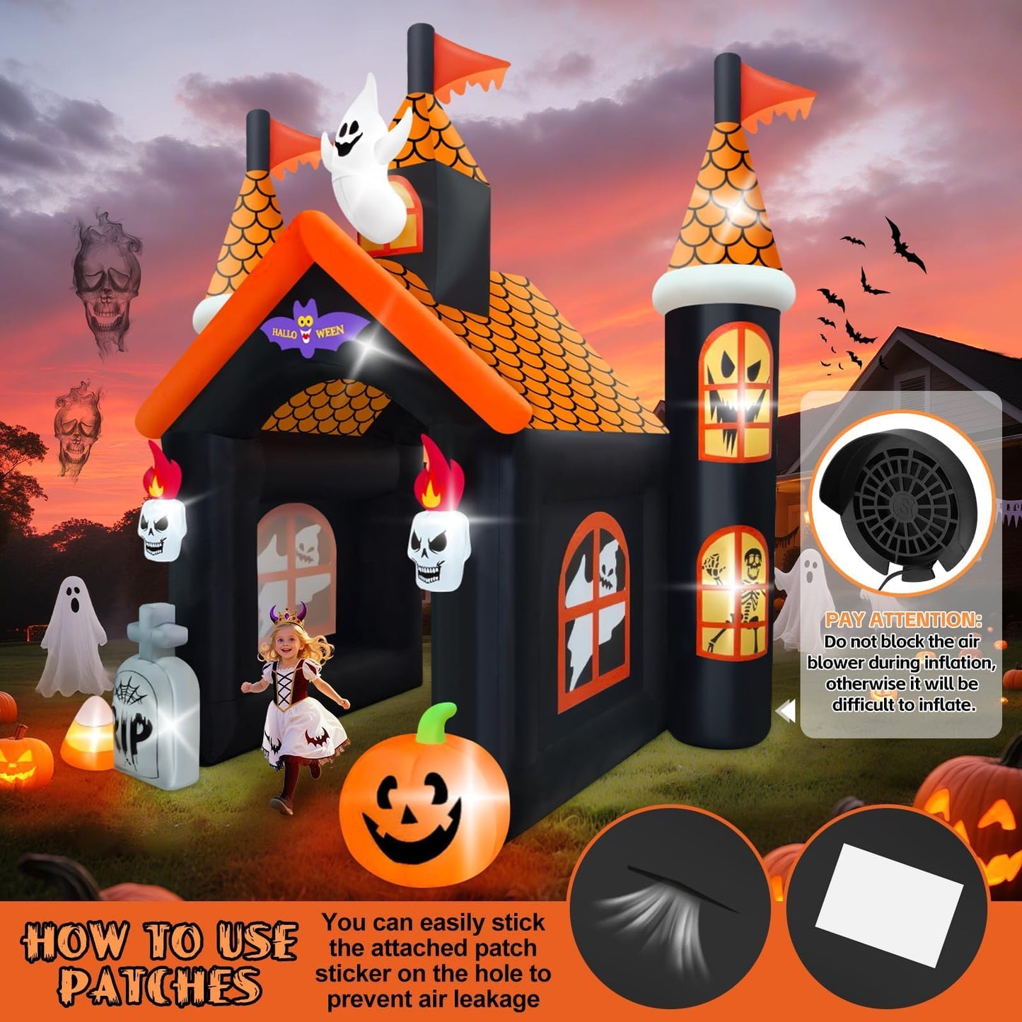 12FT Halloween Inflatable Archway with LED Light, Kalolary Large Haunted House Inflatable Ghost Pumpkin Blow up Tunnel Halloween Outdoor Yard Decoration for Halloween Party Home Lawn Family