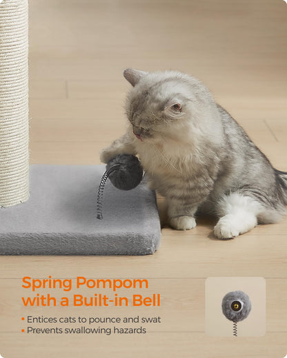 Feandrea Cat Scratching Post, 85 cm Tall Cat Scratcher for Medium and Large Cats, Furniture Scratching Deterrent Sisal Scratch Pole, Spring Pompom with Built-in Bell, Dove Grey PCA041G01